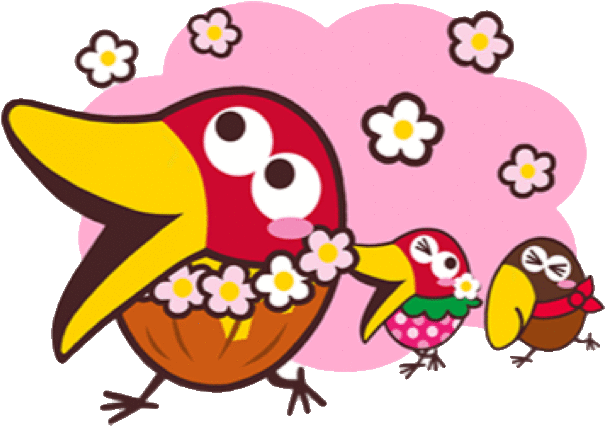 花と一緒のイチゴキョロちゃん、キャラメルキョロちゃん、ピーナッツキョロちゃんです