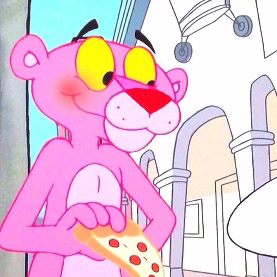 ピザを食べて嬉しそうなピンクパンサーです。