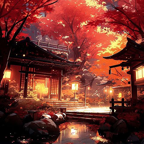 秋 紅葉 夜景 日本家屋 古民家 風景画の画像(プリ画像)
