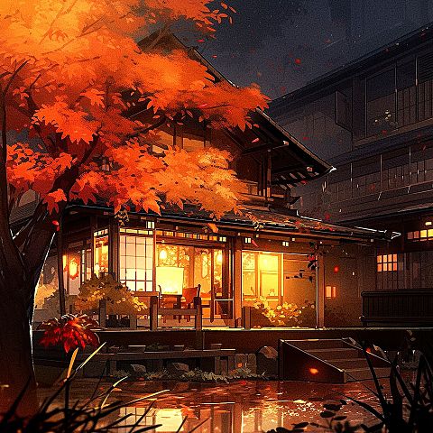 秋 紅葉 夜景 日本家屋 古民家 風景画の画像(プリ画像)