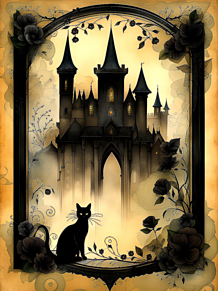 幻想的 ビンテージ ファンタジー 黒猫 お城の画像(ファンに関連した画像)