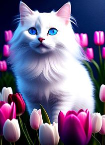 春/チューリップ/猫/ネコ/かわいい/AI画像の画像(猫／ネコに関連した画像)